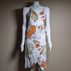 Floral Wrap Midi Dress Orange Pink Tropical Botanical Print V-Neck Summer Dress